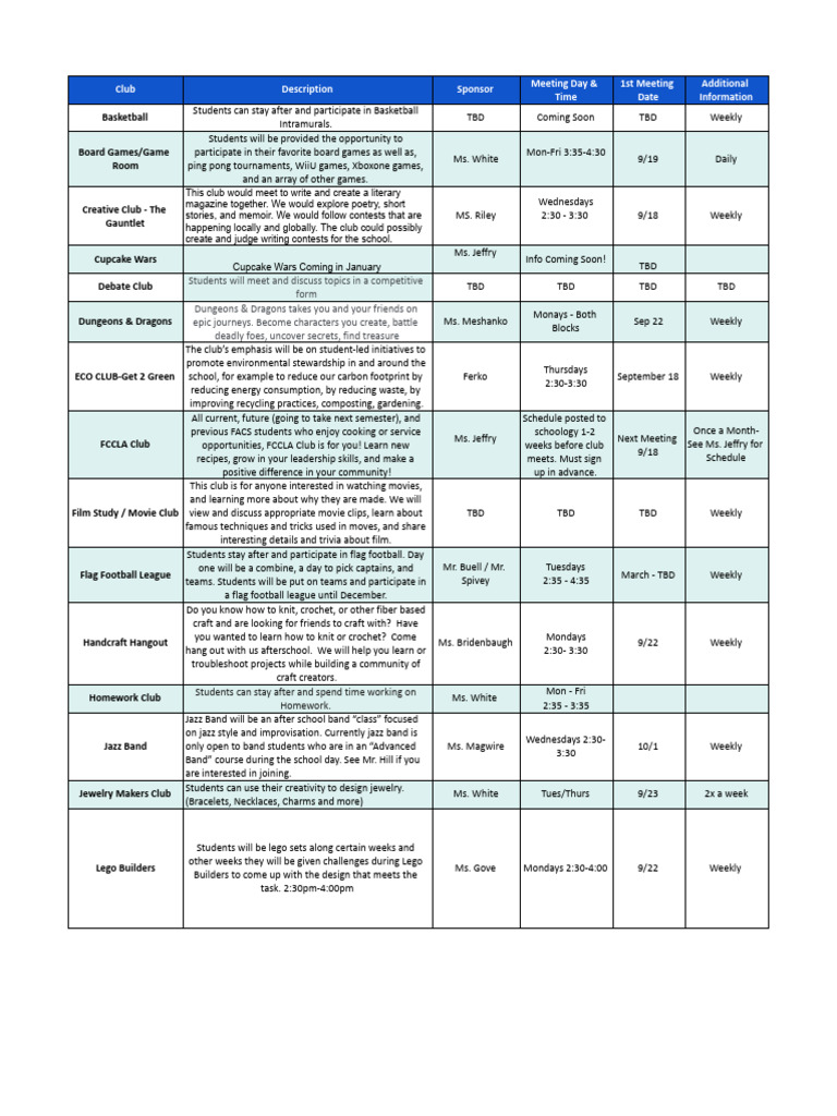 Franklin After-School Activity Grid 25-26 - FMS ASP | PDF