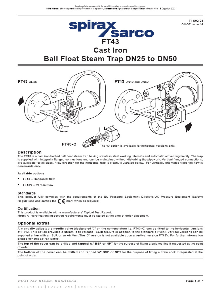 FT43 Cast Iron Ball Float Steam Trap DN25 To DN50 | PDF | Valve ...