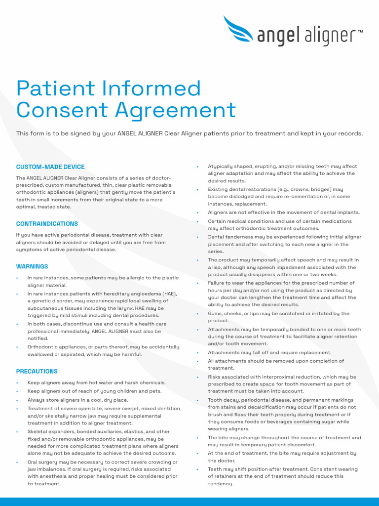Angel Aligner Consent Agreement | PDF | Orthodontics | Human Tooth