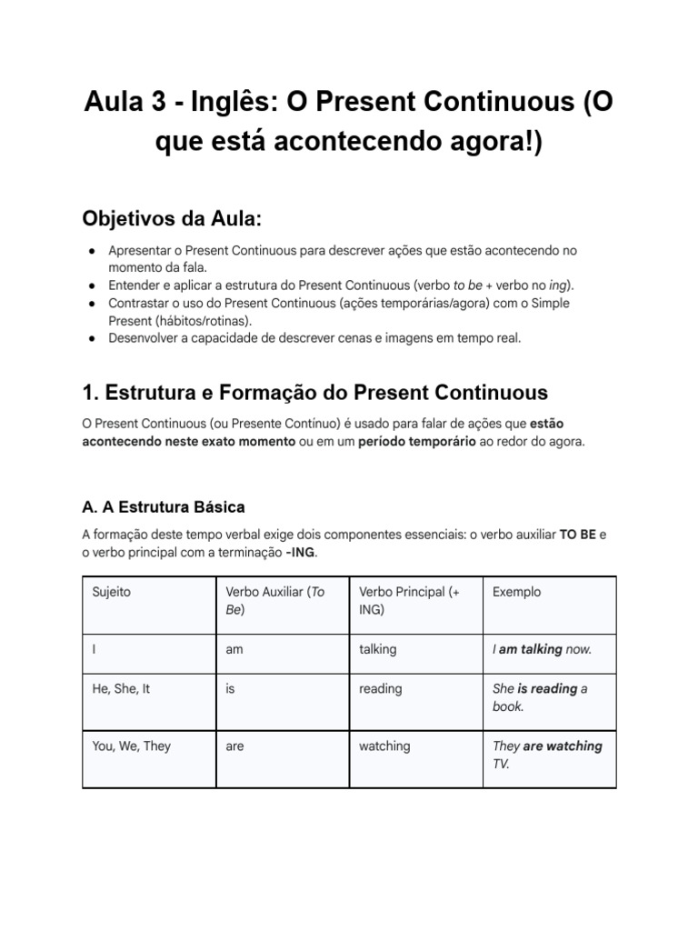 Estrutura do Present Continuous | PDF | Assunto (gramática) | Famílias ...