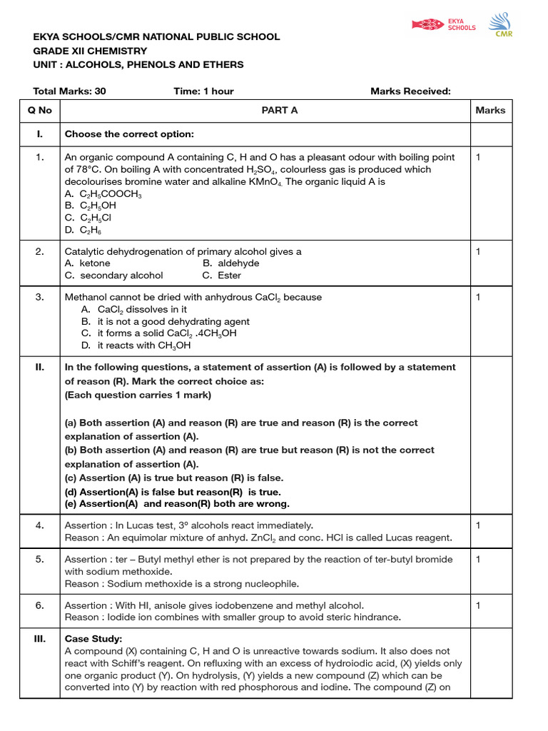 Chapter Test Alcohols Phenols Ethers | PDF | Ether | Acid