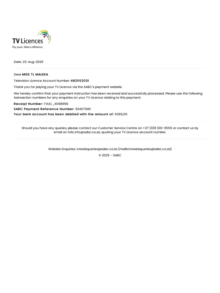 TV Licence Payment Confirmation Receipt | PDF