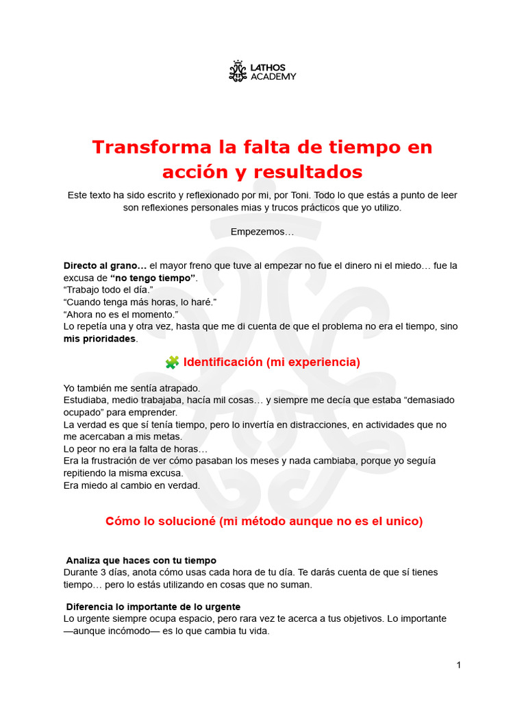 Transforma la Falta de tiempo en Acción y Resultados | PDF