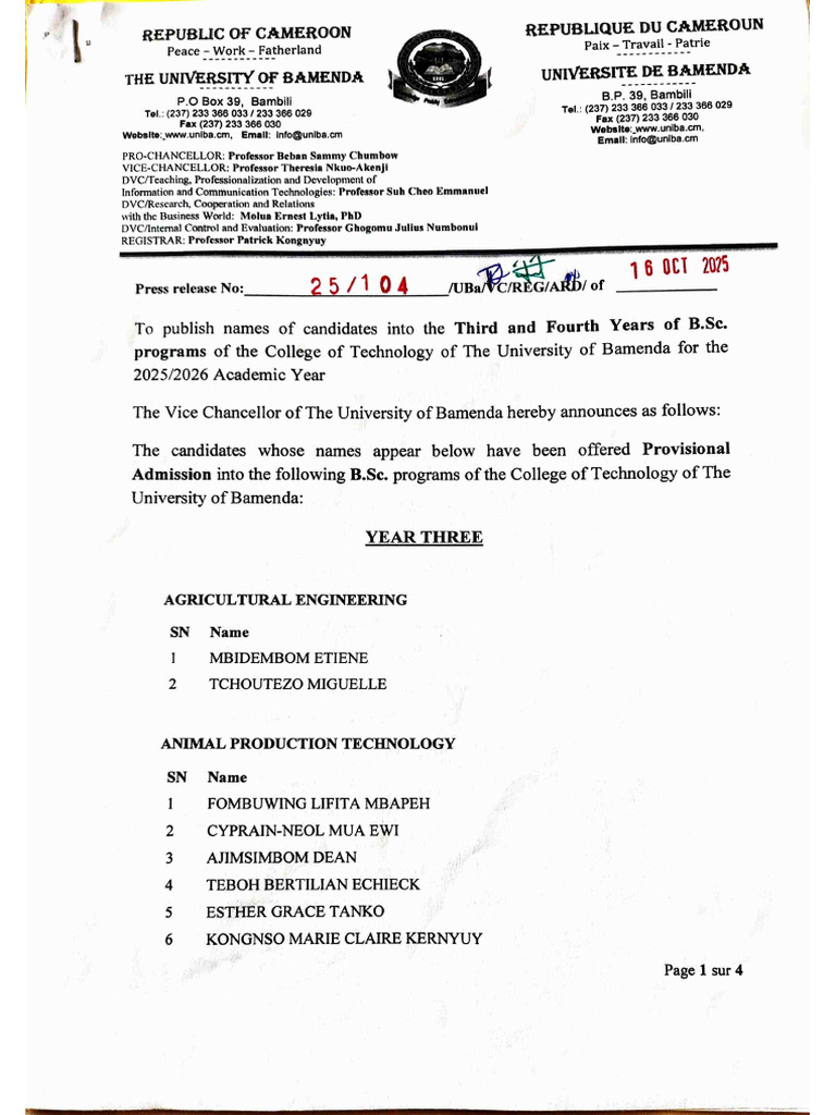 COLTECH Admission List Into Third and Fourth Year of B. Sc. Programmes ...