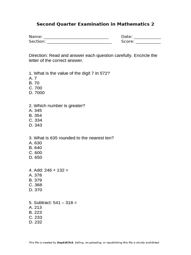 Math 2 Second Quarter Exam Questions | PDF
