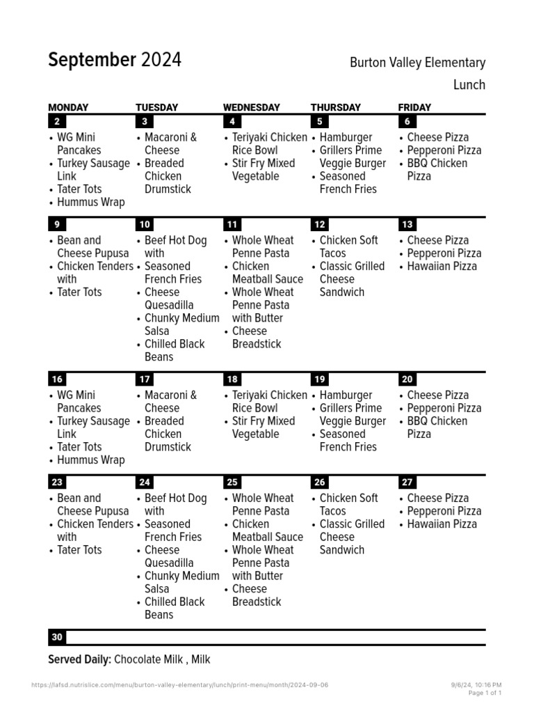 September Lunch Menu for Burton Valley | PDF | Hamburgers | Fast Food