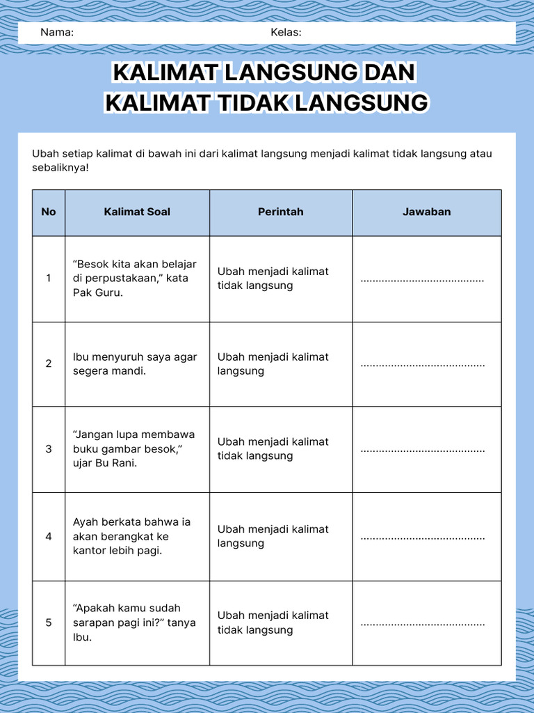 Lembar Kerja Kalimat Langsung Dan Kalimat Tidak Langsung Putih Biru ...