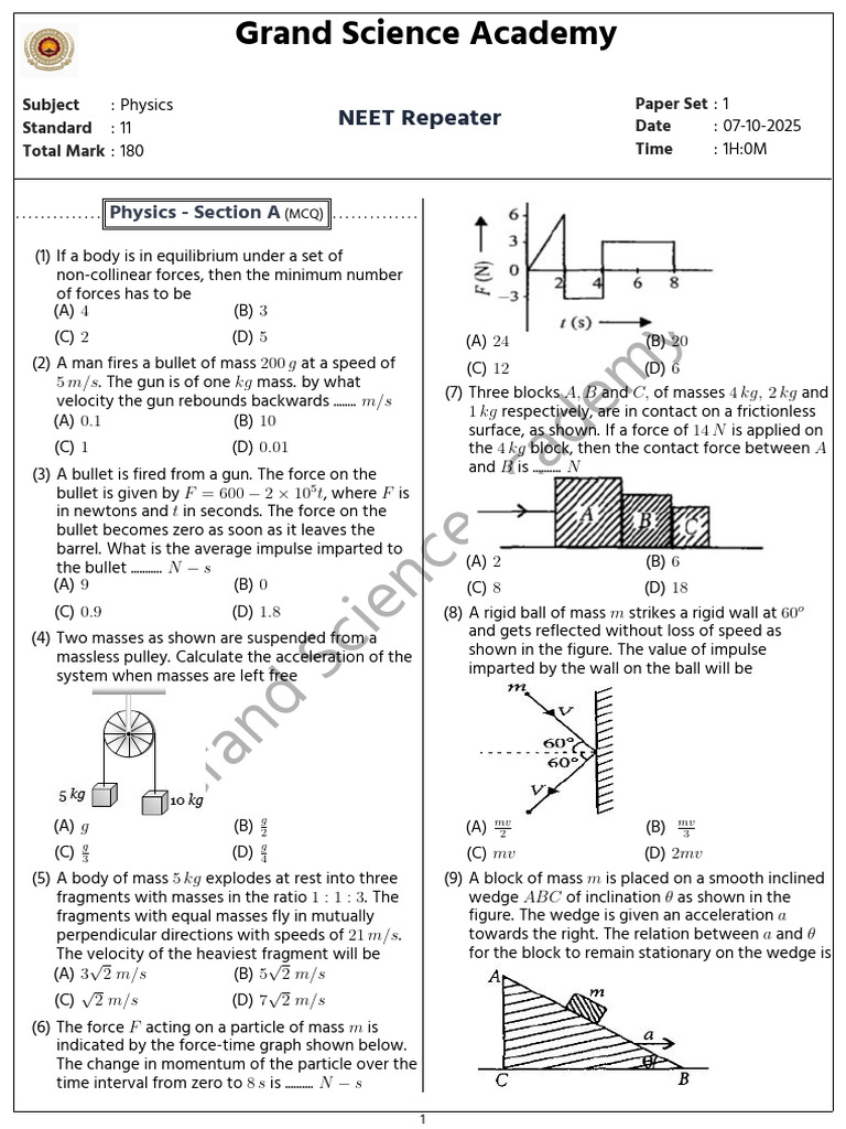 NEET Physics Paper Set 1 - Class 11 | PDF | Force | Rotation Around A ...