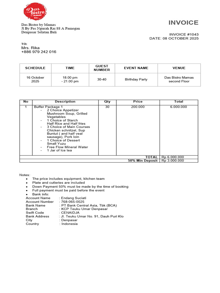 INV Completed Menu - Mrs Rika - 16 October 2025 | PDF