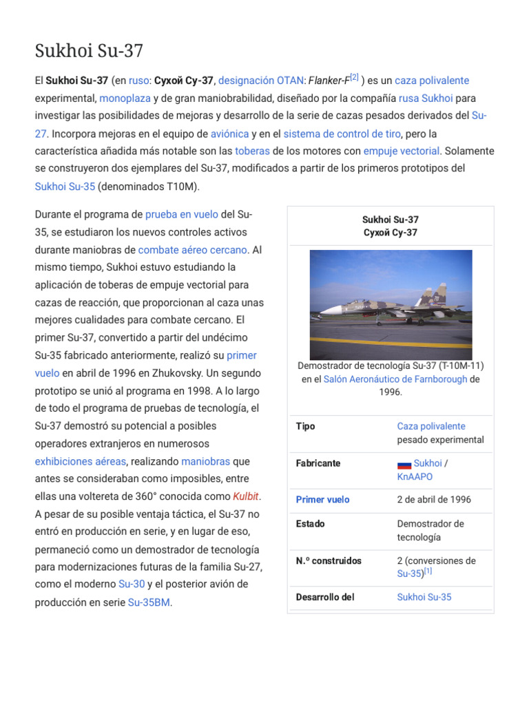 Sukhoi Su-37 - Wikipedia, La Enciclopedia Libre | PDF | Configuraciones ...