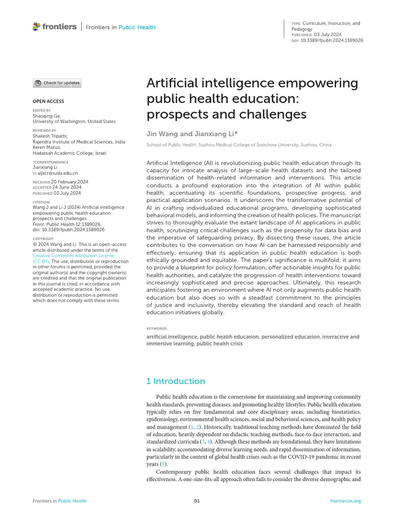 AI in Public Health Education: Challenges & Prospects | PDF ...
