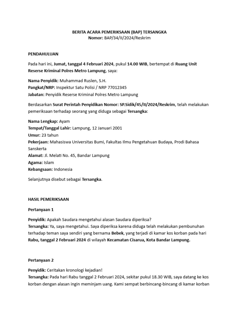 BAP Pembunuhan Mahasiswa di Lampung | PDF