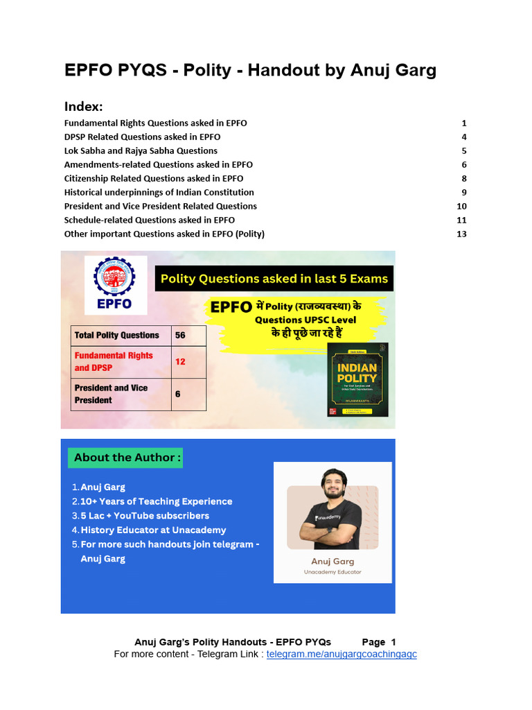 Indian Polity EPFO PYQs by Anuj Garg | PDF | Justice | Crime & Violence