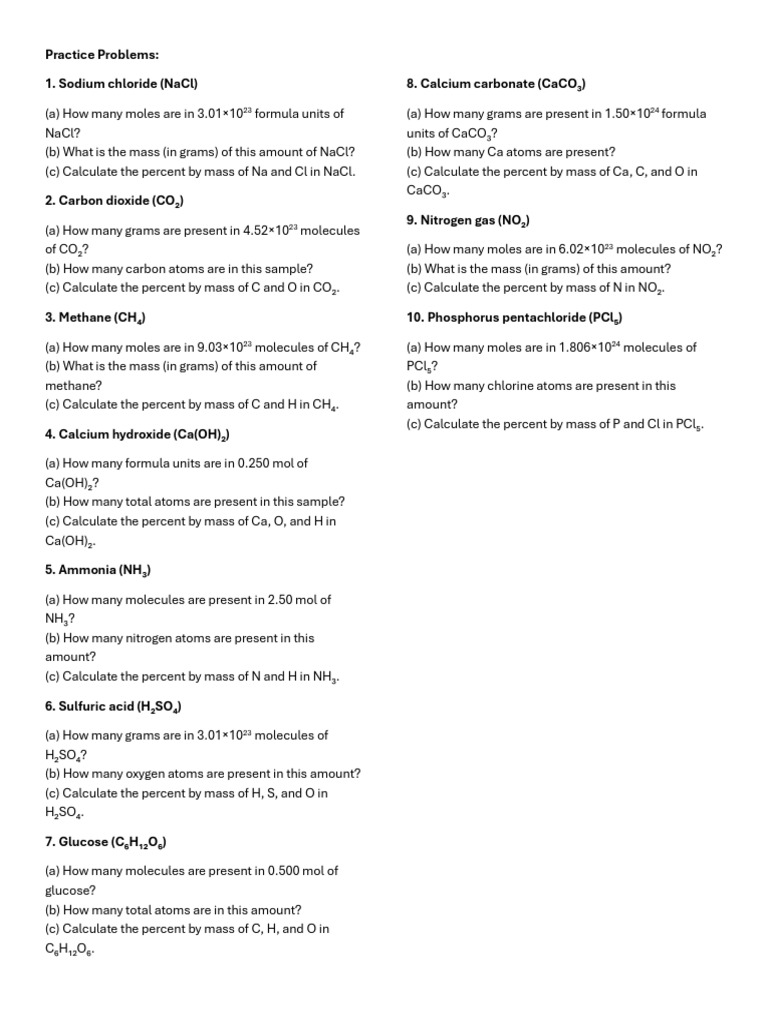 Chemistry Practice Problems on Moles and Mass | PDF