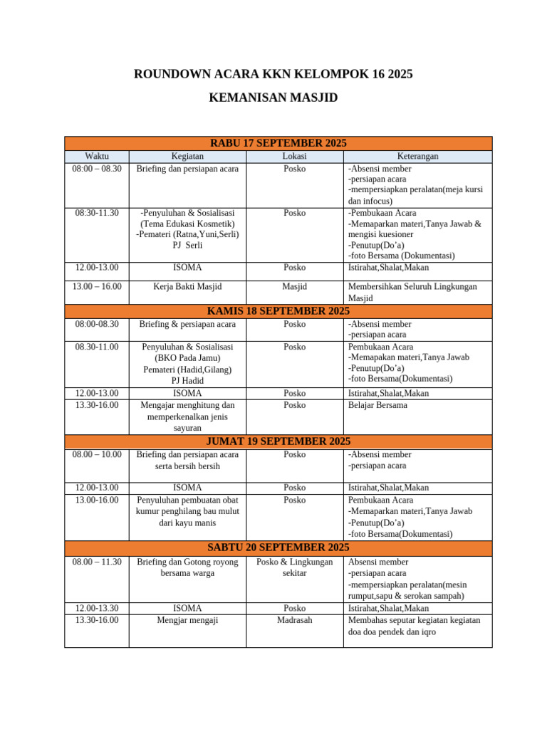 Rundown Kegiatan KKN 2025 Kemanisan | PDF