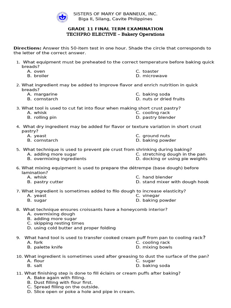 Grade 11 Bakery Operations Exam Guide | PDF | Baking | Breads