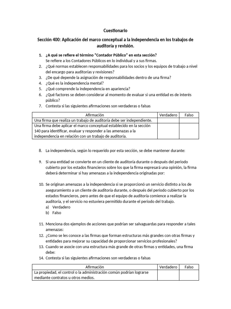 Cuestionario Parte 400 | PDF | Auditoría | Marco conceptual