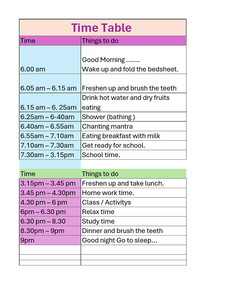 Daily Routine Time Table | PDF