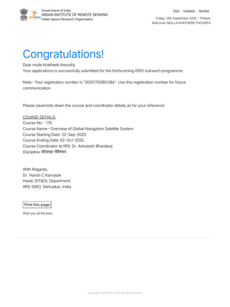ISRO Course Registration Confirmation | PDF