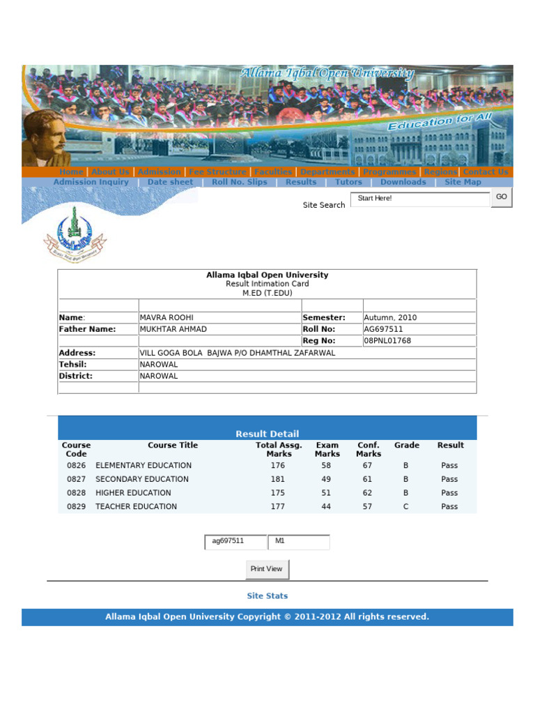 M.ED Result Intimation Card for 2010 | PDF