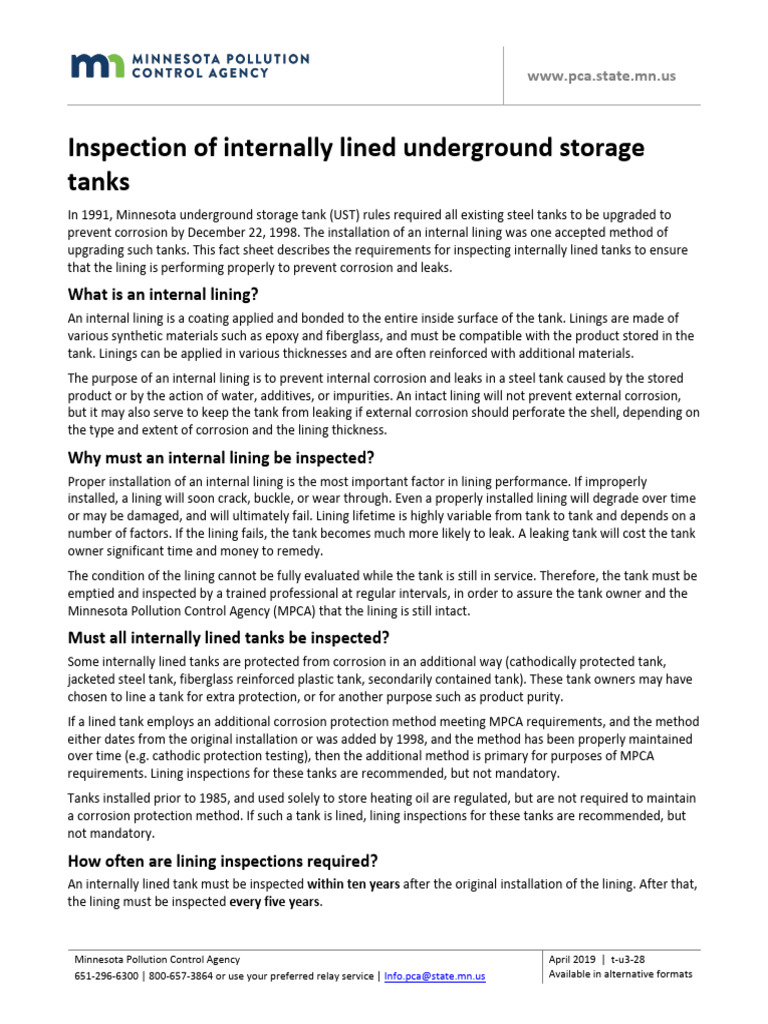 Inspection of Internally Lined Underground Storage Tank | PDF ...