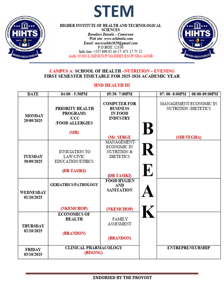 Evening Timetable for HND Health III 2025-26 | PDF