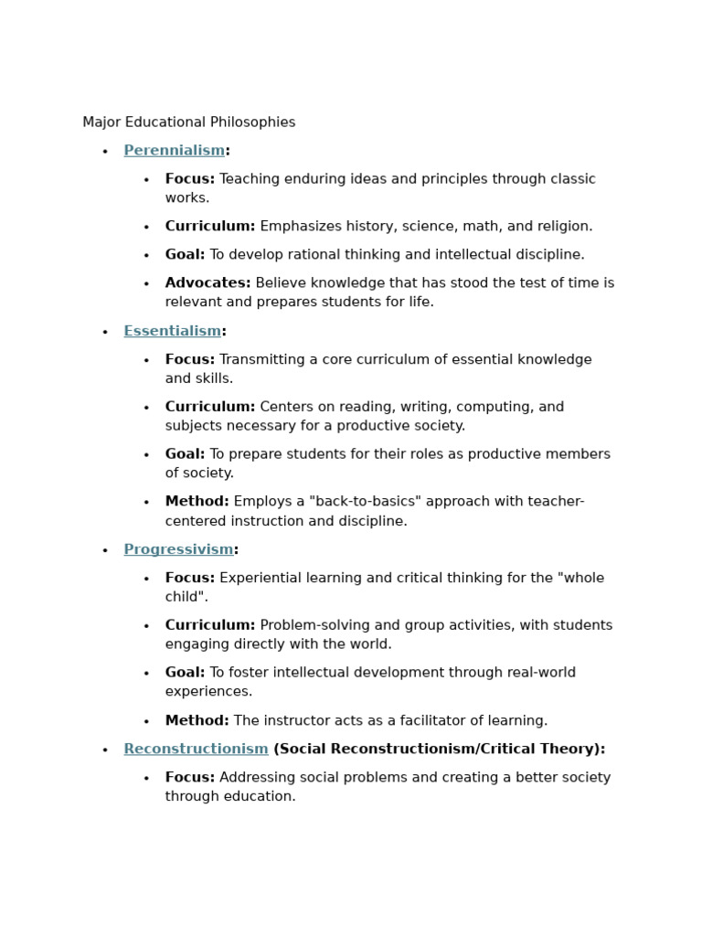 Major Educational Philosophies | PDF | Learning | Curriculum