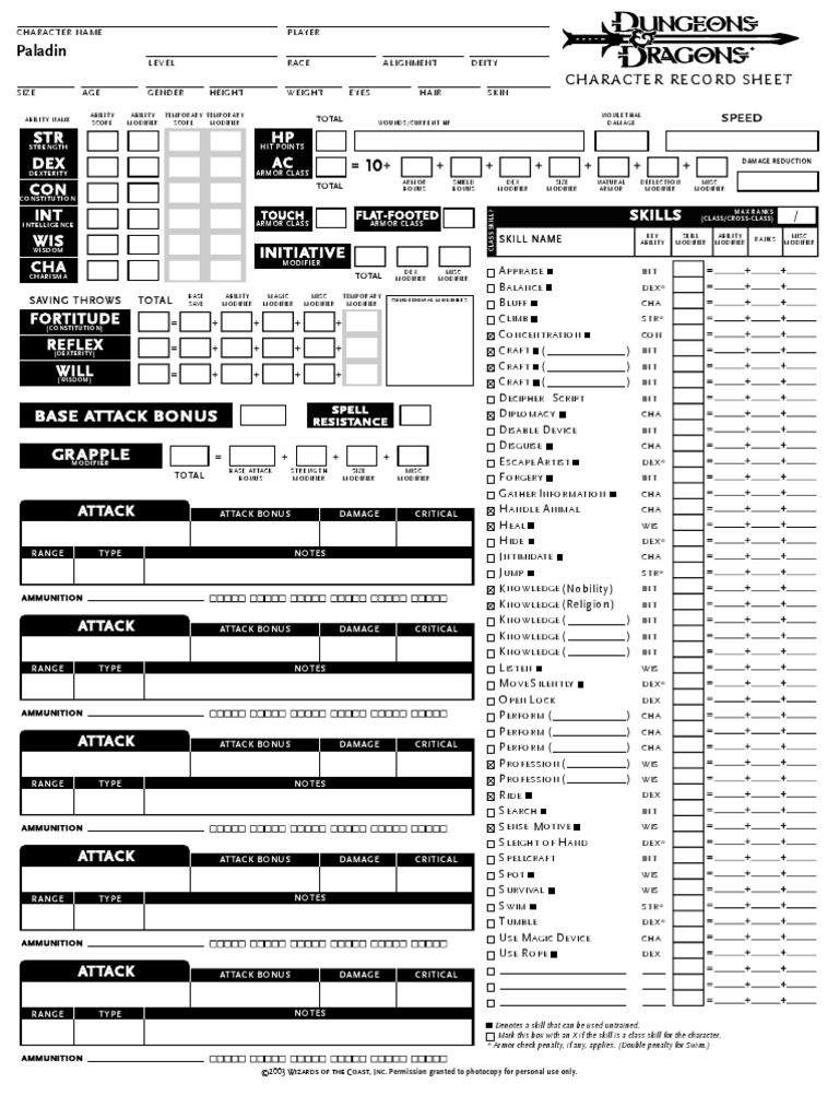 D D 3 5 Character Sheet Paladin Role Playing Games Leisure Activities