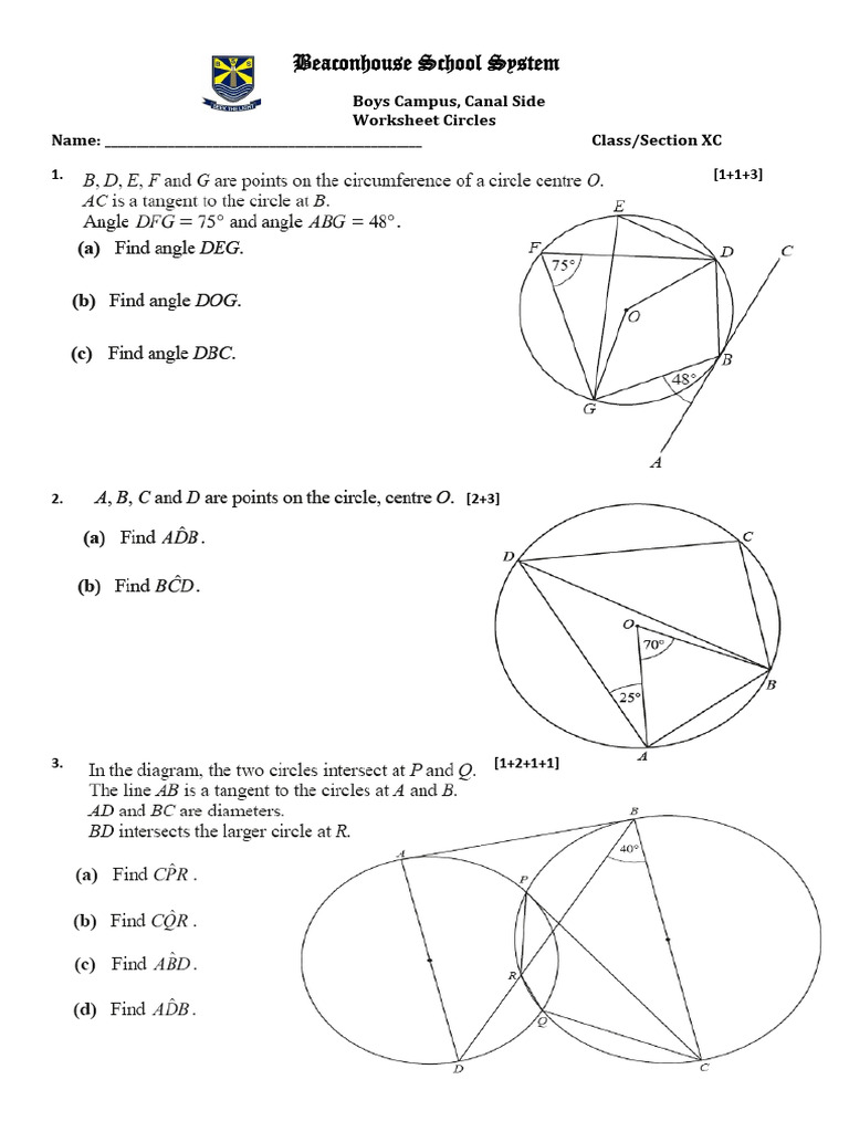 Circle Geometry Worksheet for Students | PDF | Circle | Angle