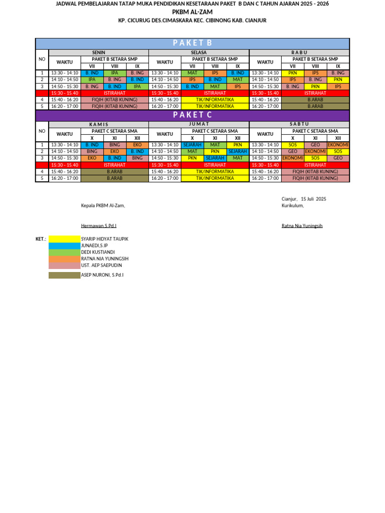 Jadwal Pembelajaran Paket B dan C 2025 | PDF