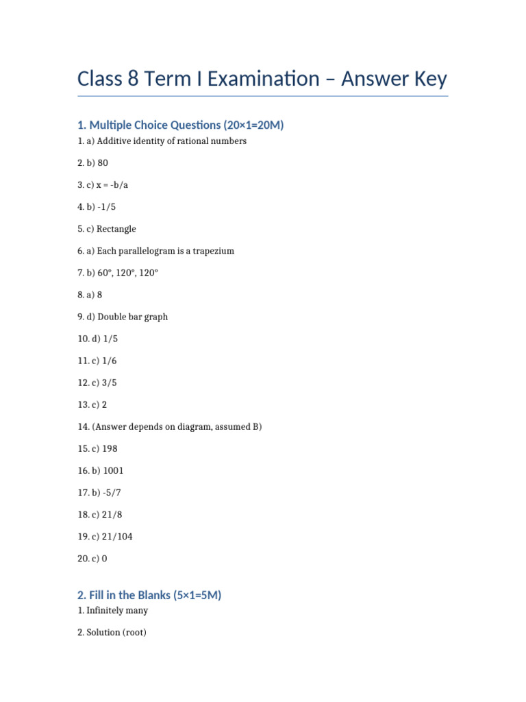 Grade 8 Math Exam Answer Key | PDF