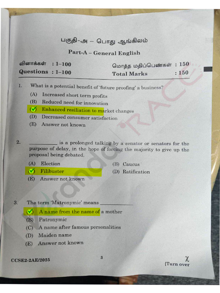 TNPSC Group 2-2A Answer Key General English 2025 Prelims ...