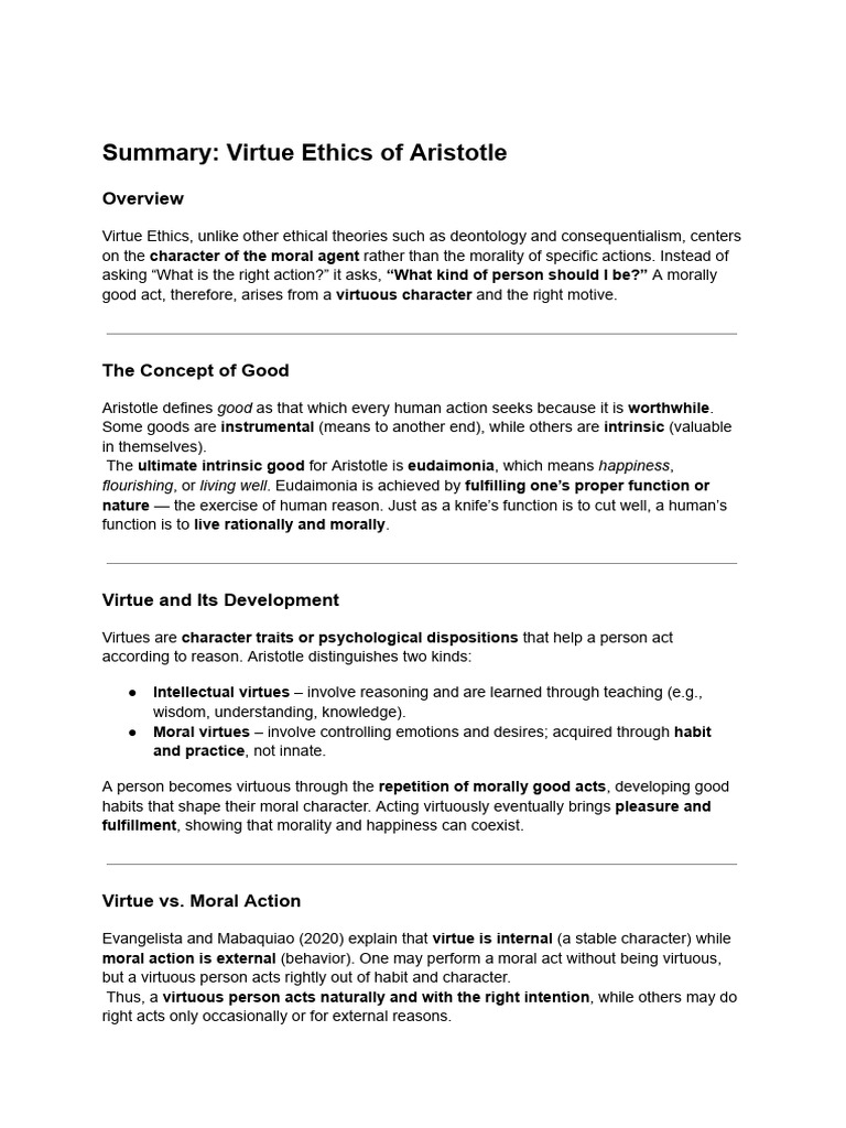 Ssp-114 Ethics Virtue Ethics (Summarized) | PDF | Virtue | Virtue Ethics