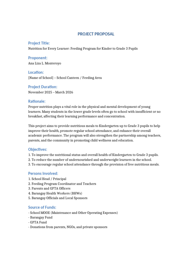 Feeding Program Proposal for Young Learners | PDF