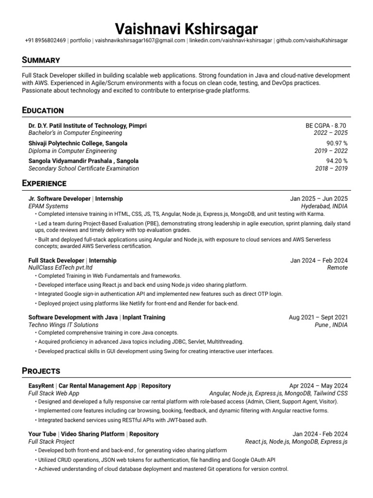 Vaishnavi Kshirsagar: Full Stack Developer | PDF | My Sql | Software ...