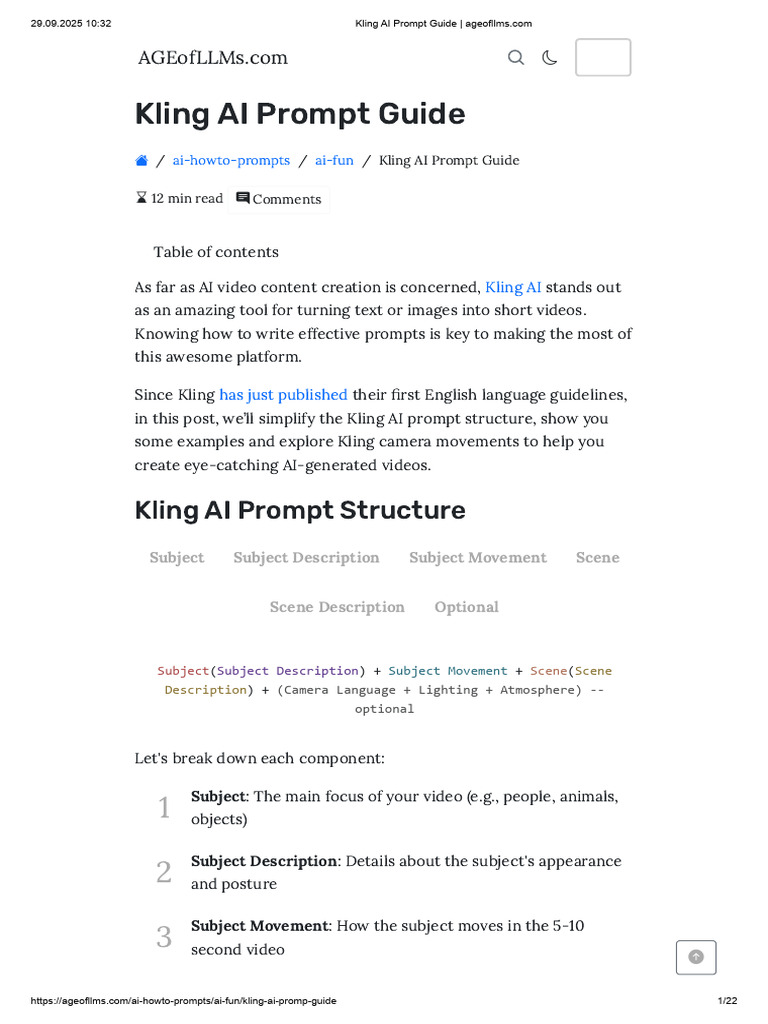 Kling AI Video Prompt Structure Guide | PDF | Rotation | Camera