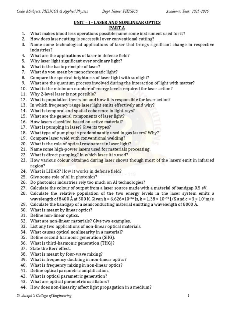 PH25CO1 Applied Physics Syllabus | PDF | Optical Fiber | Laser