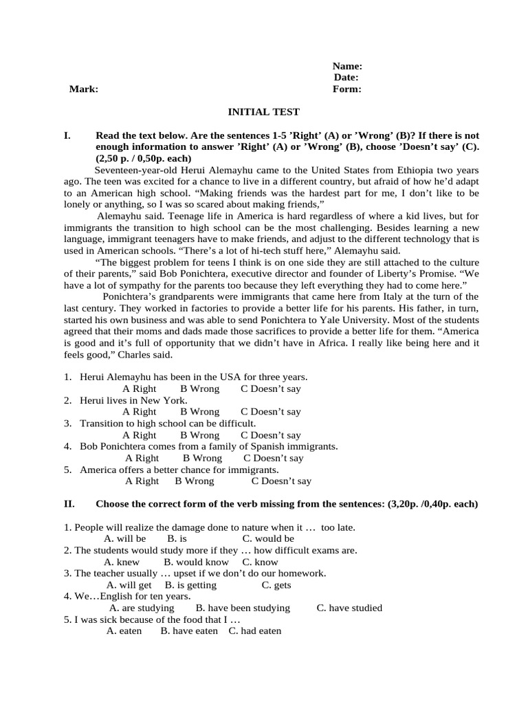 Initial Test for English Language Skills | PDF