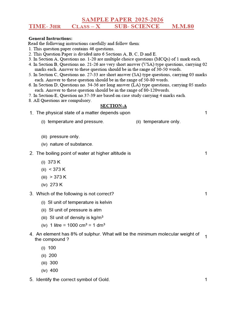 Class X Science Sample Paper 2025-2026 | PDF | Cell (Biology) | Force