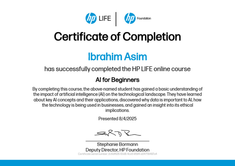 HP LIFE AI for Beginners Certificate | PDF