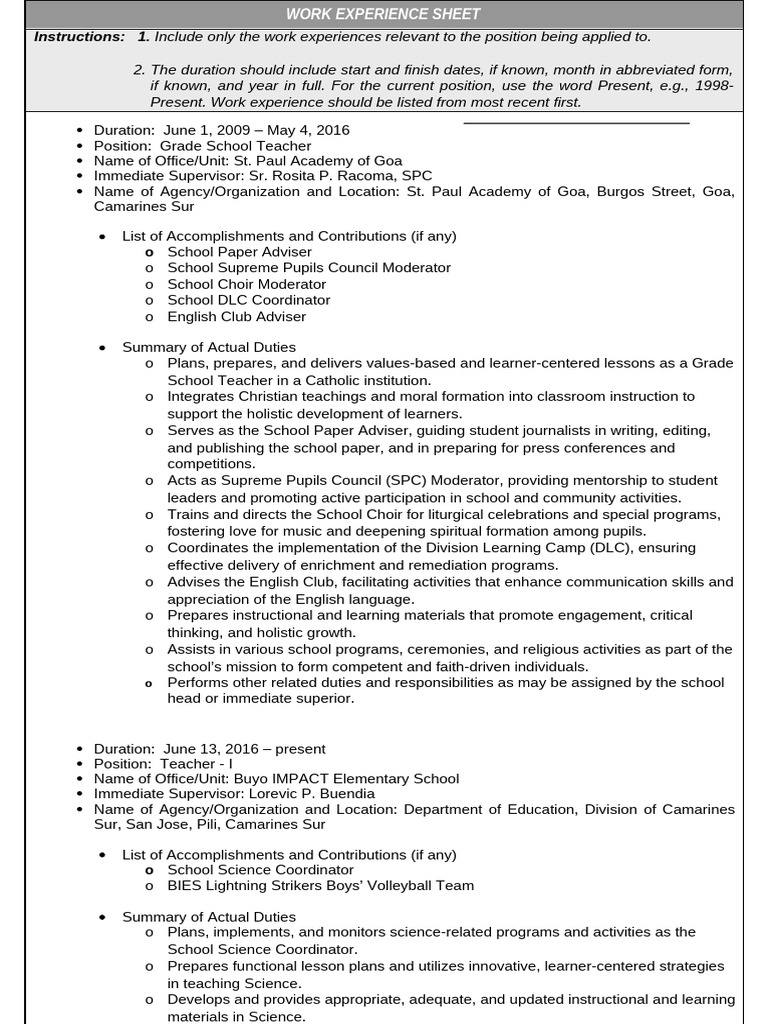 Work Experience Sheet for Teaching Roles | PDF | Teachers | Intelligence