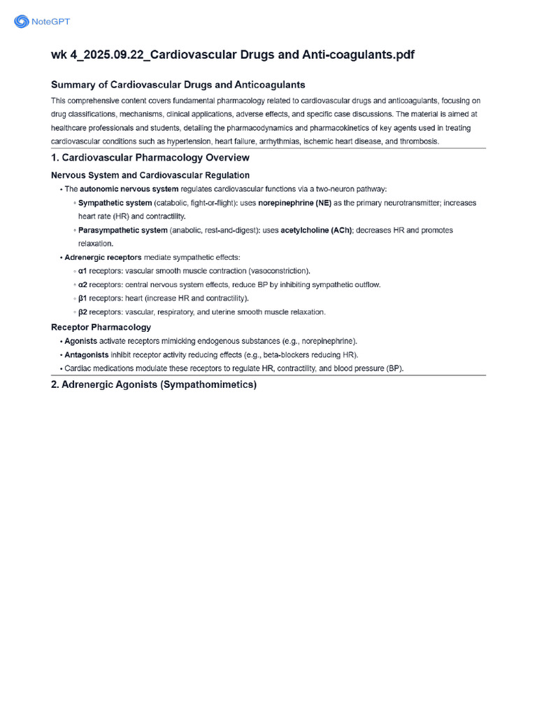 NoteGPT Summary WK 4 2025.09.22 Cardiovascular Drugs and Anti ...