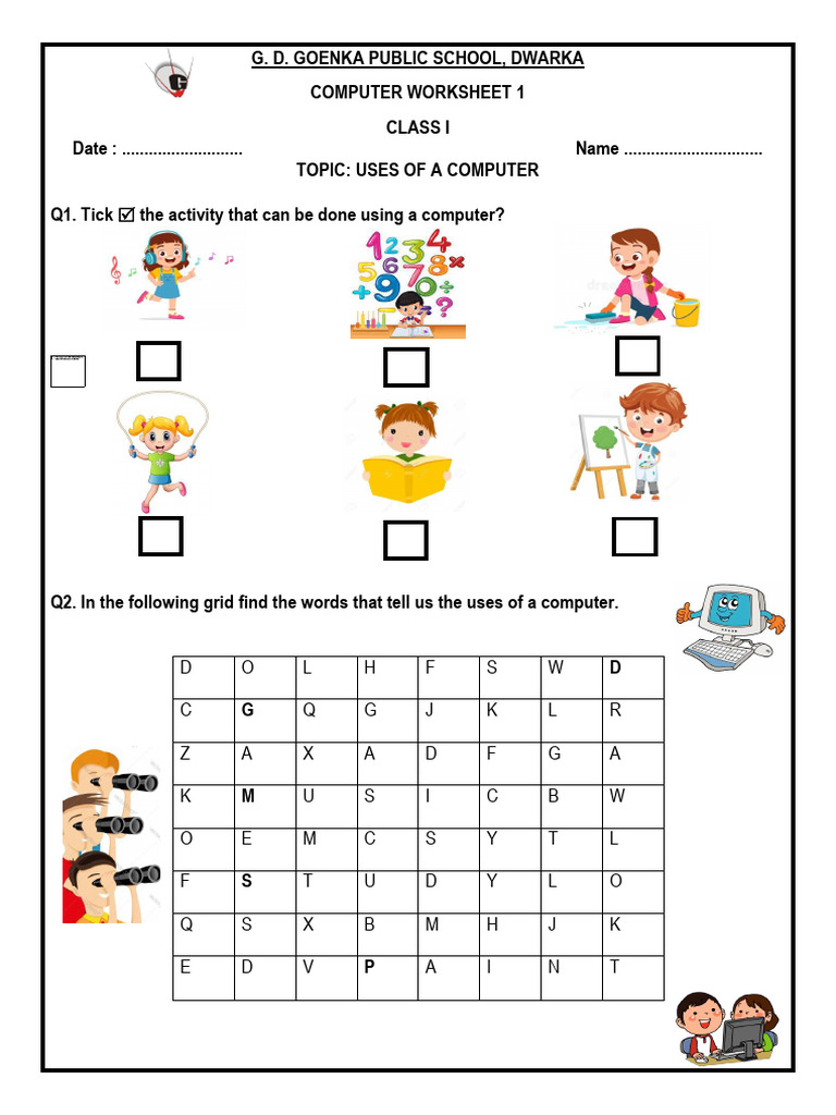 Computer Uses Worksheet for Class I | PDF | Computing