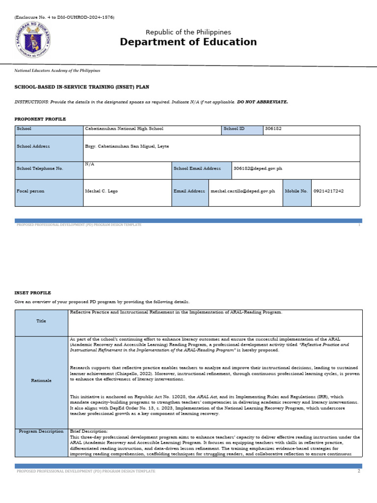 Enclosure No. 4 School-Based INSET Plan | PDF | Reading Comprehension ...