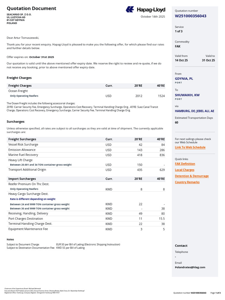 Hapag-Lloyd Quotation W251000356043 | PDF | Cargo | Fee