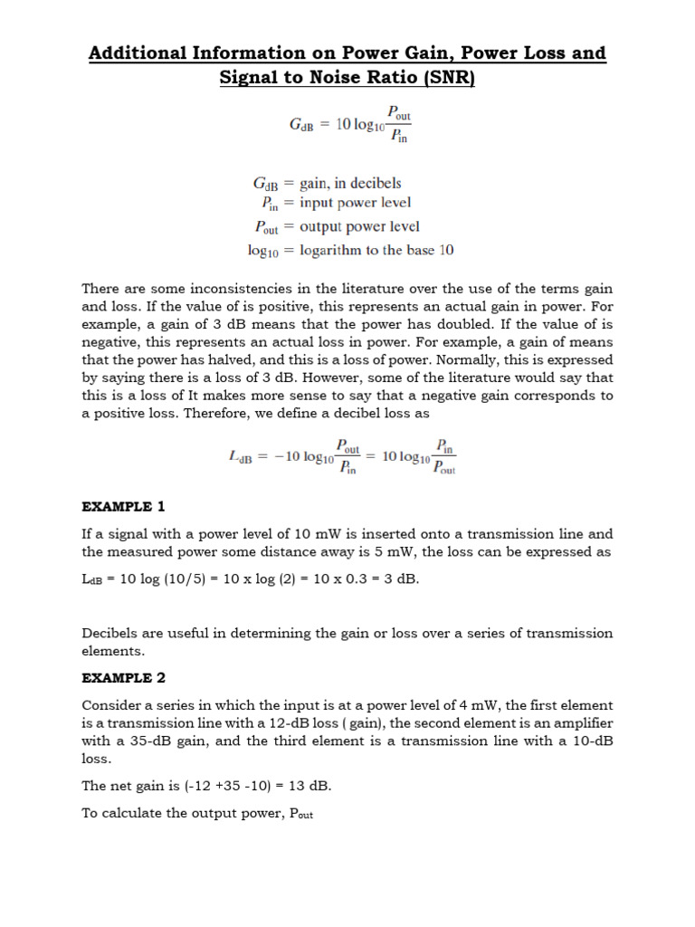 Additional Information On Power Gain, Power Loss and SNR | PDF | Signal ...