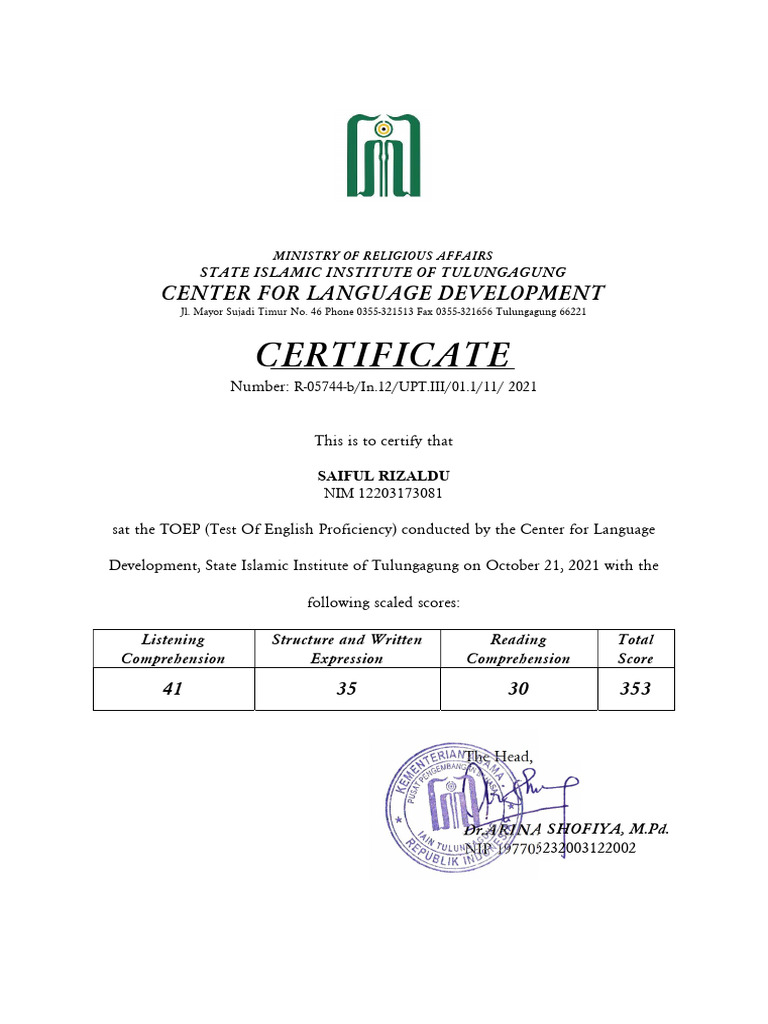TOEP Certificates from Tulungagung Institute | PDF | Language ...