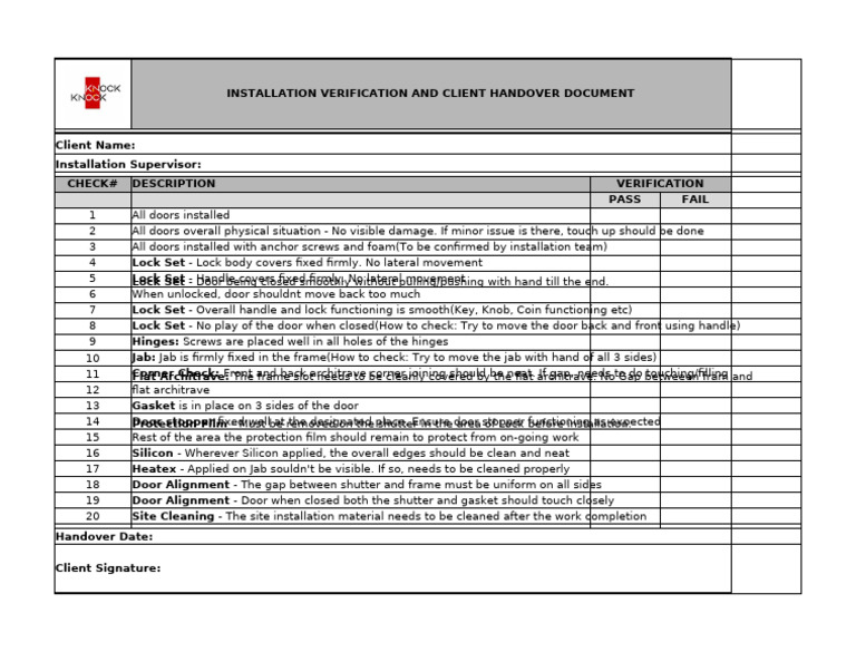 Installation Verification Checklist | PDF | Door