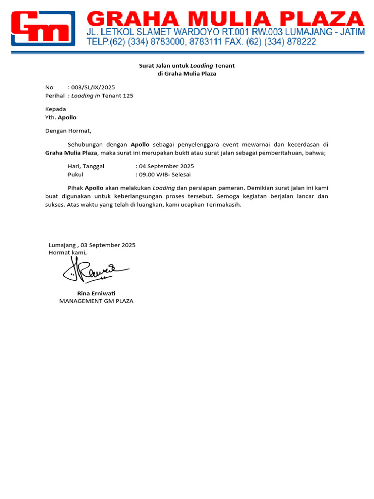 Surat Jalan Loading Tenant Graha Mulia | PDF