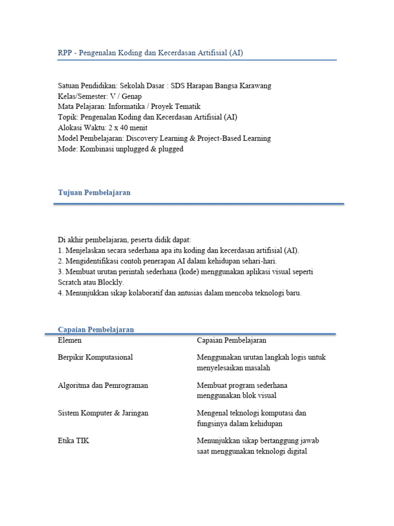 RPP Koding dan AI untuk SD Kelas V | PDF